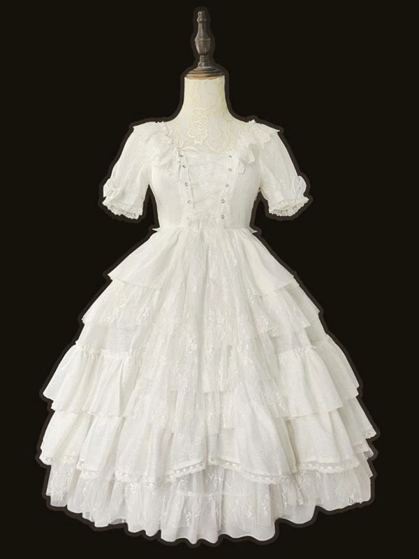 White Sweet Lolita OP Dress Wedding Dress Neverland Cascading Ruffles Bows Floral Print Short Sleeves Lolita One Piece Dresses - Image 5