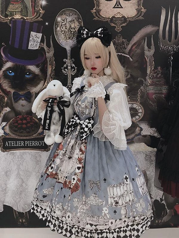 Sweet Lolita Alice In Wonderland Costumes JSK Light Sky Blue Bowknots Sleeveless Polyester Jumper Skirts - Image 3