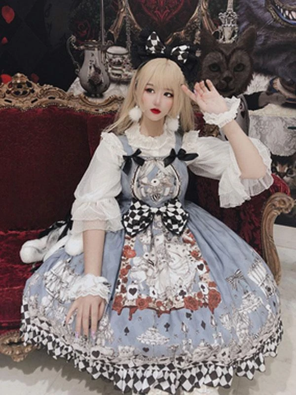 Sweet Lolita Alice In Wonderland Costumes JSK Light Sky Blue Bowknots Sleeveless Polyester Jumper Skirts - Image 2