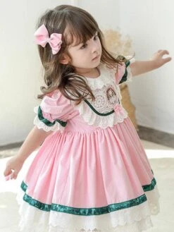 Children's Sweet Lolita Dress Pink Ruffles Polyester Short Sleeve Kids Princess One Piece Dress