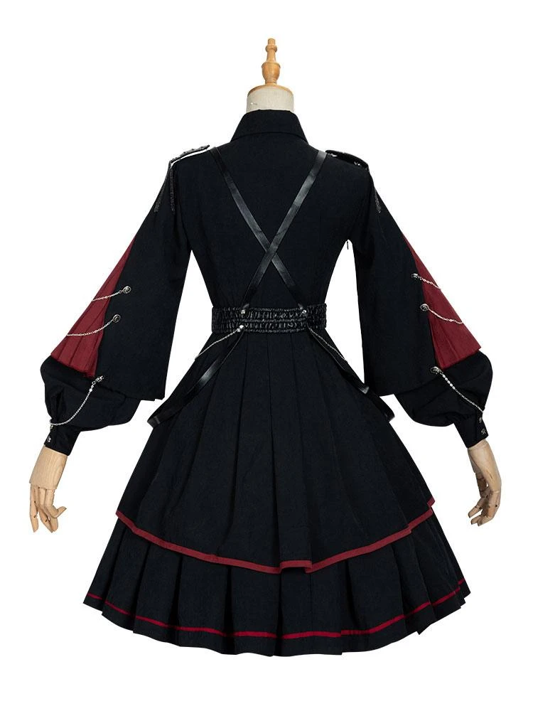 Military Style Lolita OP Dress 3 Pieces Set Black Long Sleeves Polyester Lolita Dress Outfit - Image 6