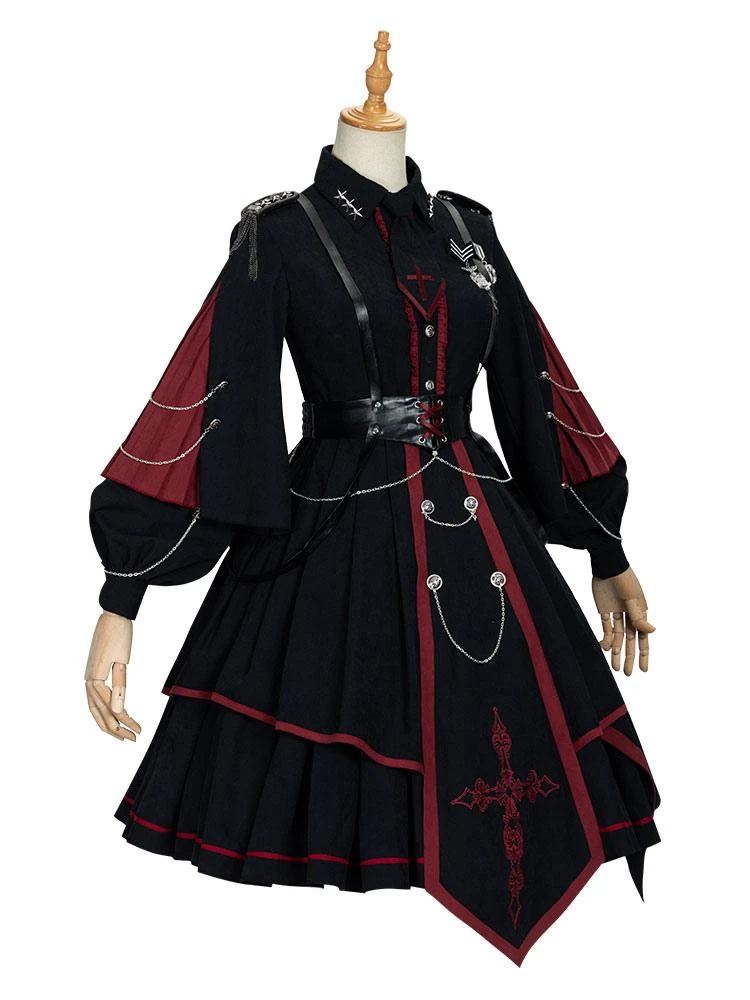 Military Style Lolita OP Dress 3 Pieces Set Black Long Sleeves Polyester Lolita Dress Outfit - Image 5