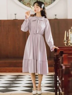 Academic Sweet Lolita OP Dress Lavender Long Sleeve Polyester Lolita One Piece Dresses