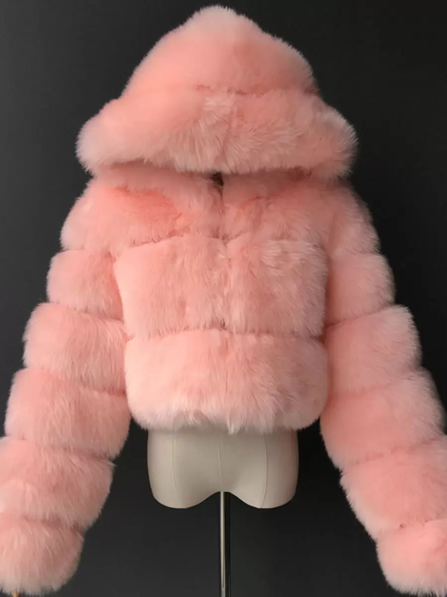 White Faux Fur Coats Hooded Short Jacket Women's Winter Outerwear - Image 7