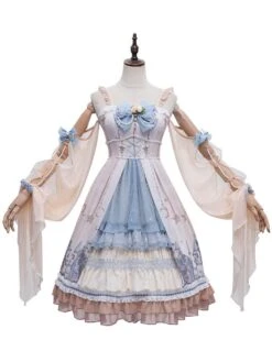 Blue Sweet Lolita JSK Dress Nude Sleeveless Flowers Tiered Lolita Jumper Skirts
