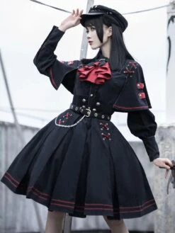 Gothic Lolita OP Dress Military Style 4 Pieces Set Black Academic Lolita Outfits