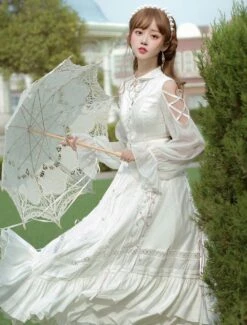 Sweet Lolita OP Dress White Lace Up Cascading Ruffles Long Sleeves Lolita Dresses