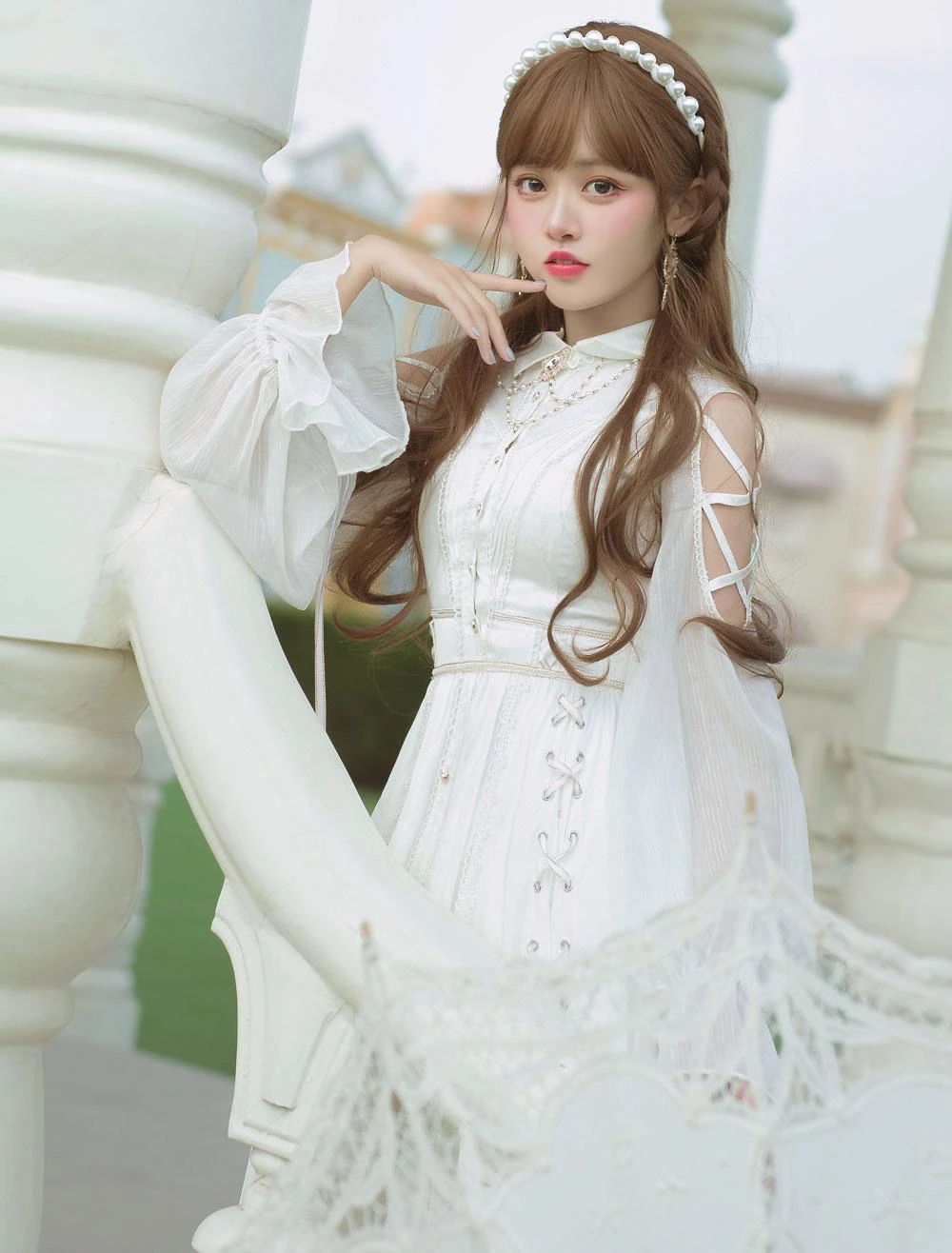 Sweet Lolita OP Dress White Lace Up Cascading Ruffles Long Sleeves Lolita Dresses - Image 2