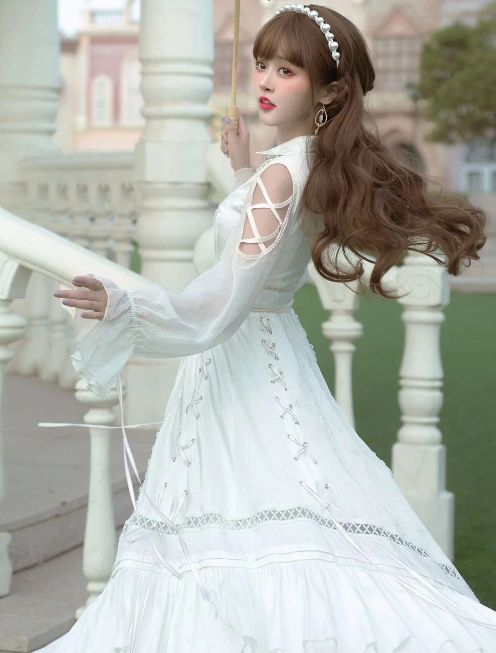 Sweet Lolita OP Dress White Lace Up Cascading Ruffles Long Sleeves Lolita Dresses - Image 3