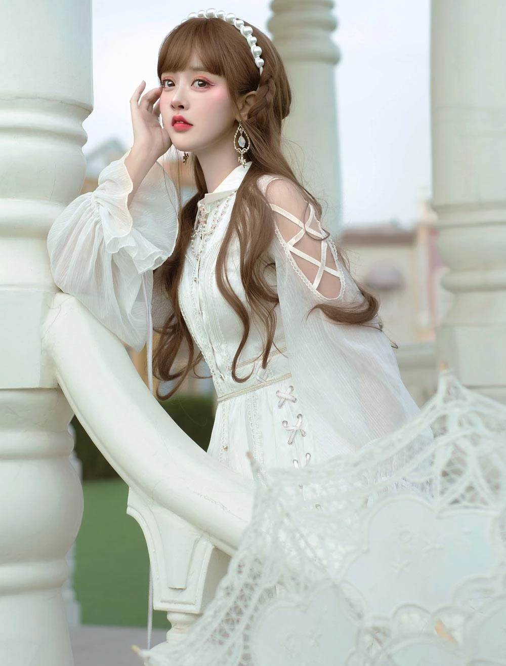 Sweet Lolita OP Dress White Lace Up Cascading Ruffles Long Sleeves Lolita Dresses - Image 4