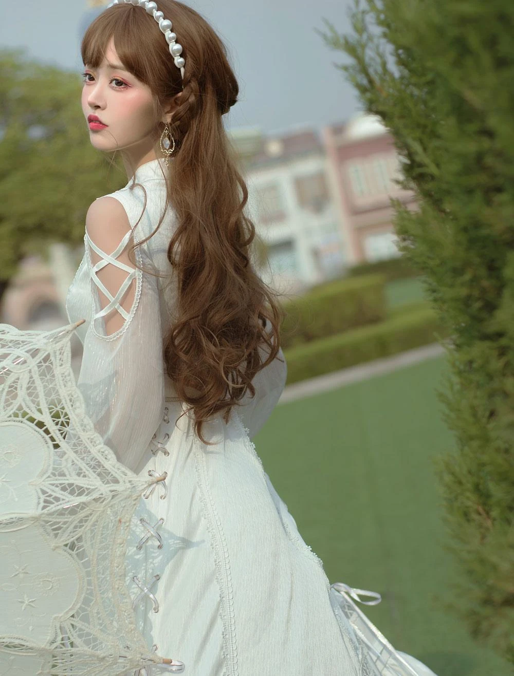 Sweet Lolita OP Dress White Lace Up Cascading Ruffles Long Sleeves Lolita Dresses - Image 5