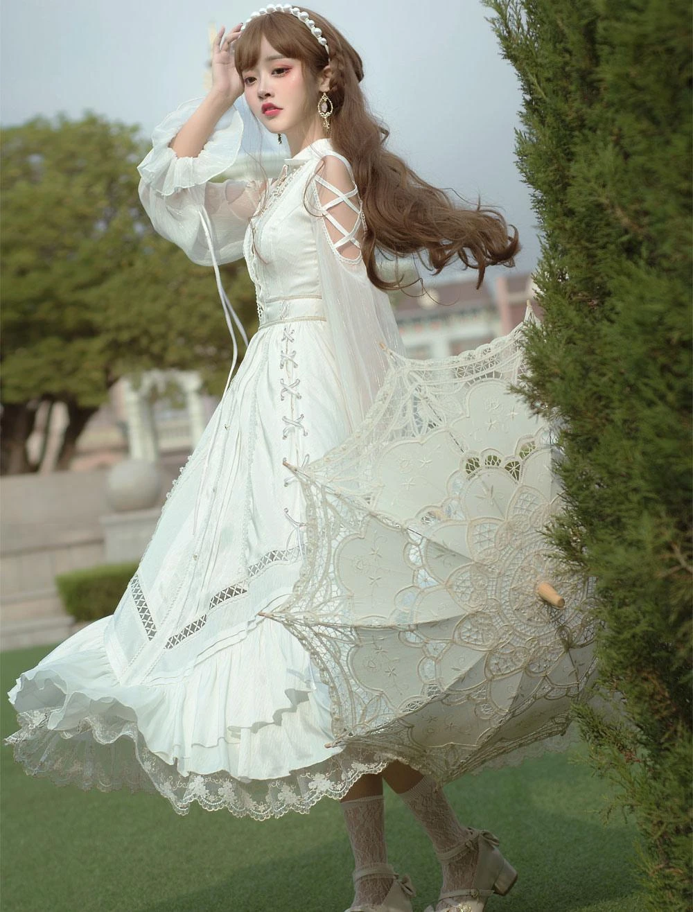 Sweet Lolita OP Dress White Lace Up Cascading Ruffles Long Sleeves Lolita Dresses - Image 6