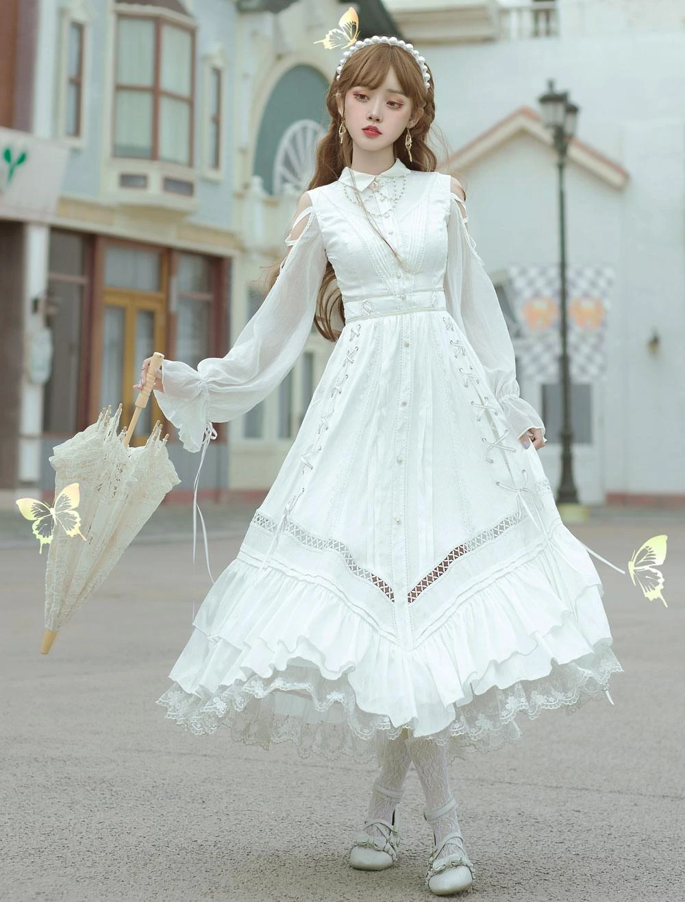 Sweet Lolita OP Dress White Lace Up Cascading Ruffles Long Sleeves Lolita Dresses - Image 7