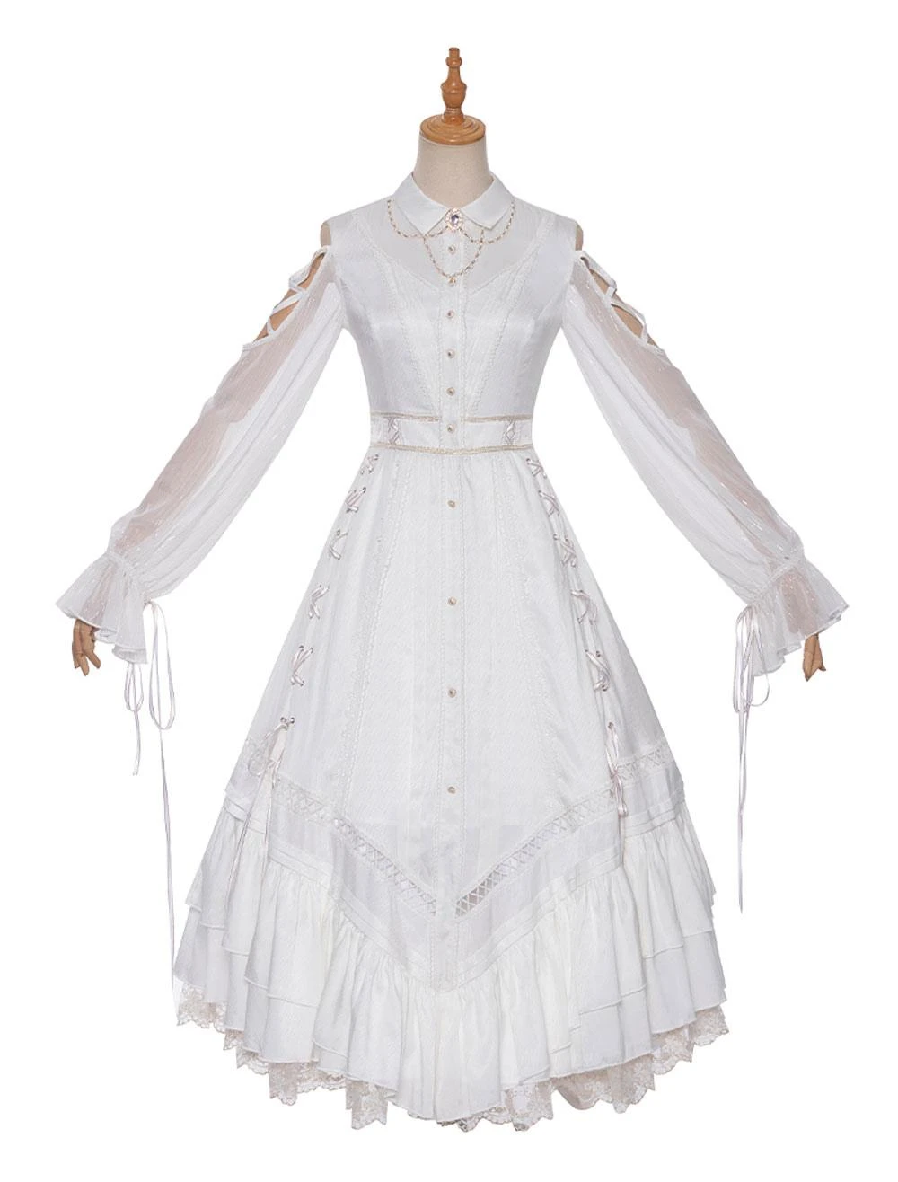 Sweet Lolita OP Dress White Lace Up Cascading Ruffles Long Sleeves Lolita Dresses - Image 8