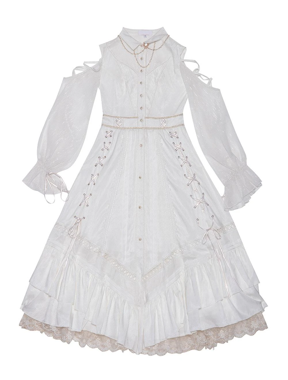 Sweet Lolita OP Dress White Lace Up Cascading Ruffles Long Sleeves Lolita Dresses - Image 10