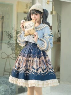 Sweet Lolita Outfits Baby Blue Animal Print Ruffles Bows Long Sleeves Top Bowknot Overskirt Set