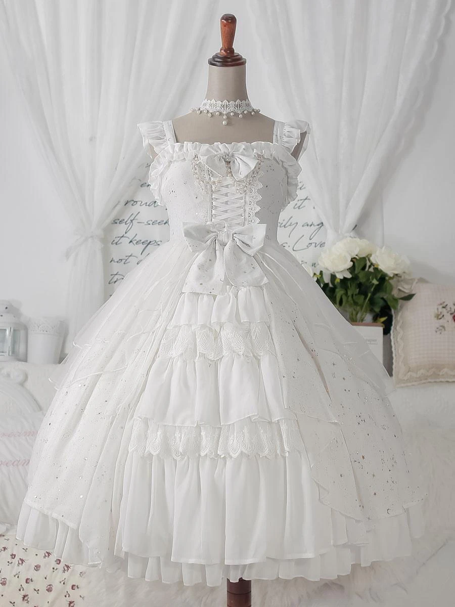 Sweet Lolita JSK Dress Neverland Lace Cascading Ruffles Bows White Lolita Jumper Skirts - Image 3