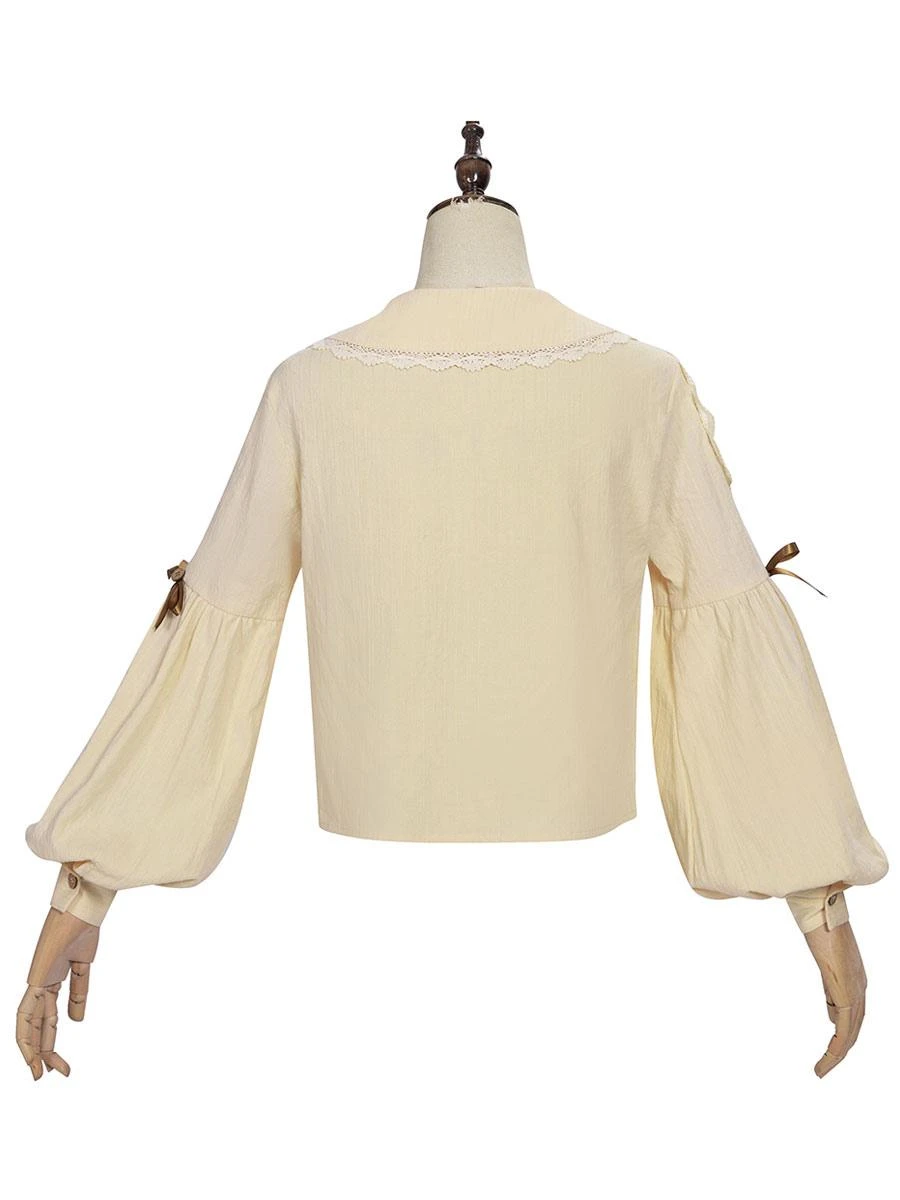 Sweet Lolita Blouses Bows Long Sleeves Light Apricot Lolita Shirt Sweet Top - Image 5