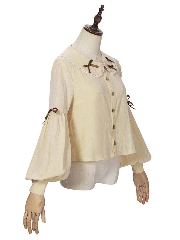 Sweet Lolita Blouses Bows Long Sleeves Light Apricot Lolita Shirt Sweet Top - Image 6