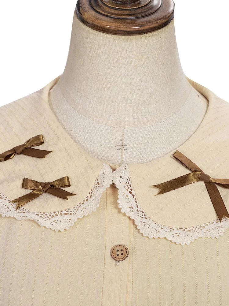 Sweet Lolita Blouses Bows Long Sleeves Light Apricot Lolita Shirt Sweet Top - Image 7