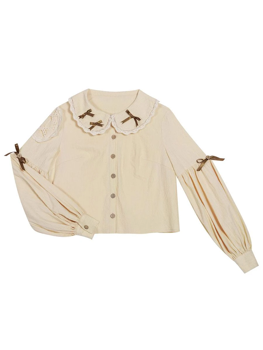 Sweet Lolita Blouses Bows Long Sleeves Light Apricot Lolita Shirt Sweet Top - Image 9