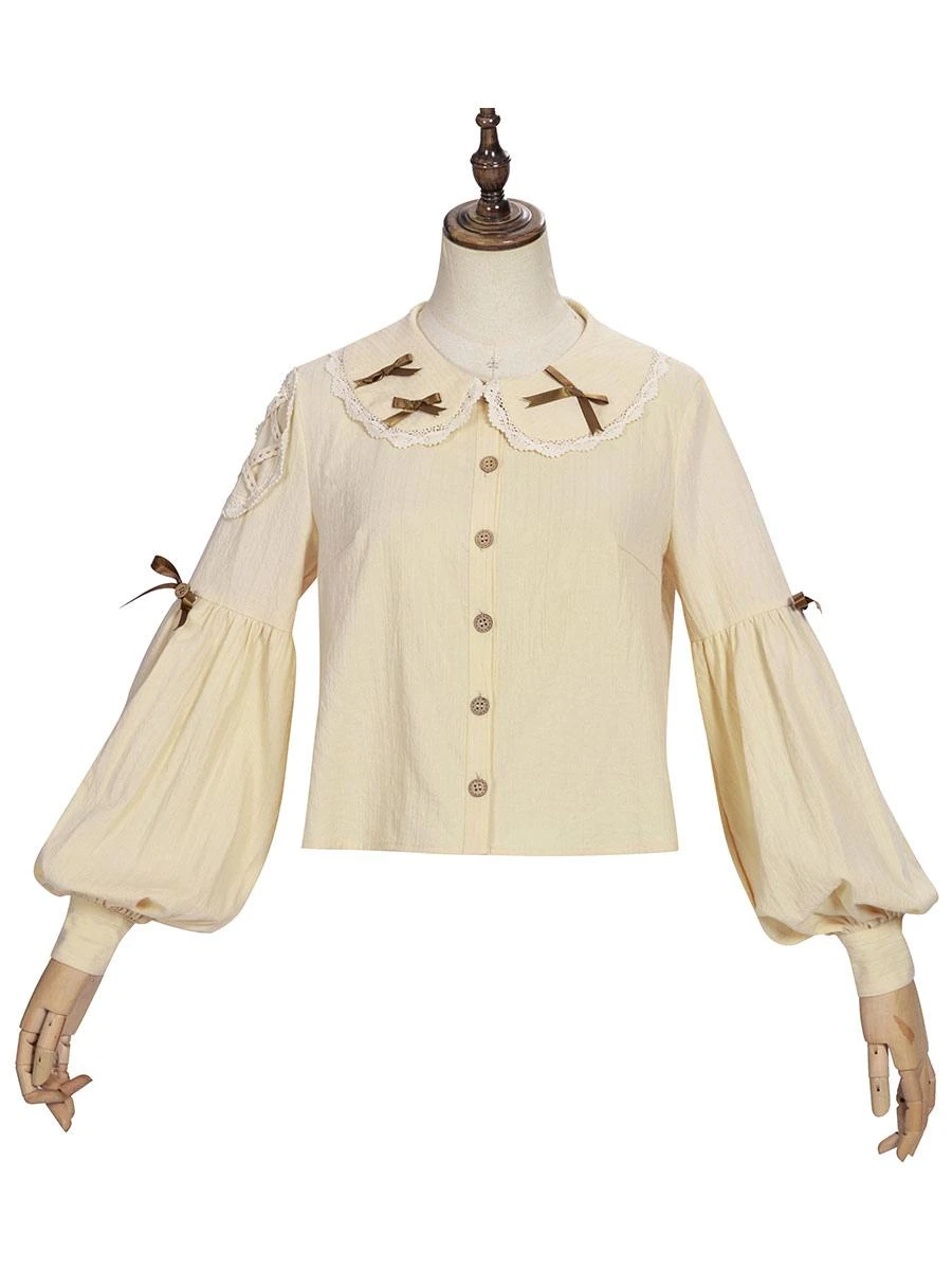 Sweet Lolita Blouses Bows Long Sleeves Light Apricot Lolita Shirt Sweet Top - Image 4