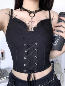 Black Gothic Tops Spaghetti Lace Up Polyester Retro Tops
