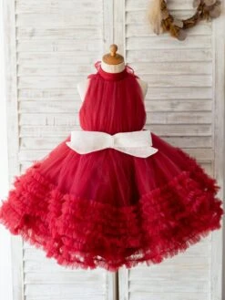 Flower Girl Dresses With Sash High Collar Tulle Sleeveless Knee Length Princess Silhouette Bows Trun Red Kids Party Dresses