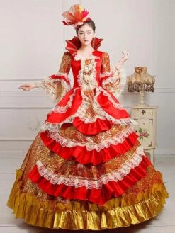 Retro Costumes Red Embroidered Polyester Headwear Dress Retro Marie Antoinette Costume Set Vintage Clothing
