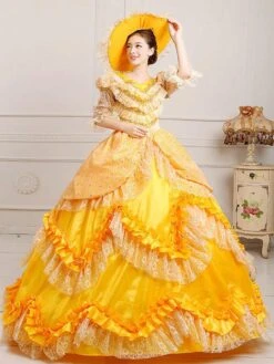 Retro Costumes Golden Marie Antoinette Embroidered Polyester Headwear Dress Retro Masquerade Ball Gown
