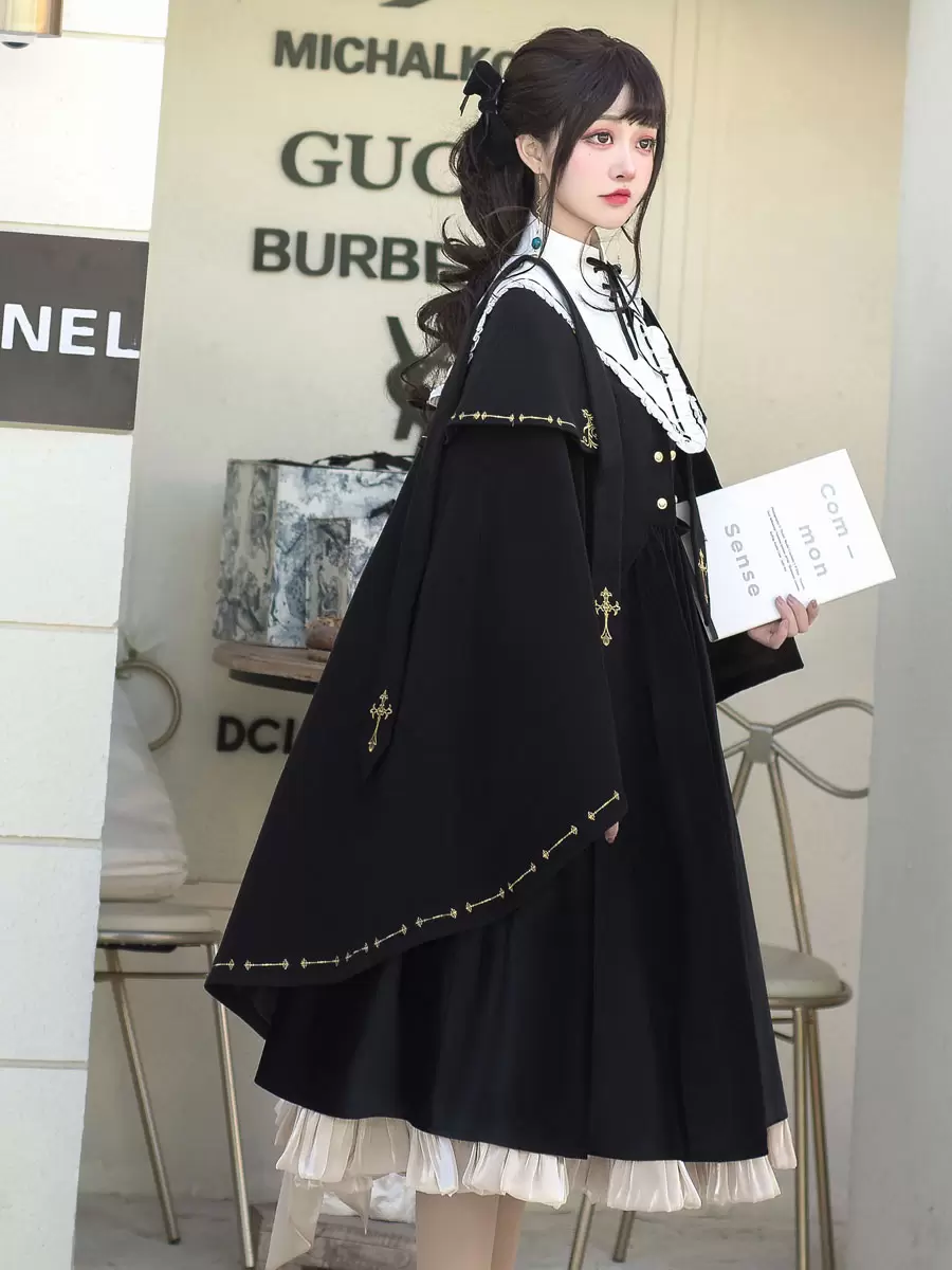 Academic Lolita Poncho Cape Black Polyester Grommets Lace Up Fall Lolita Outwears - Image 5