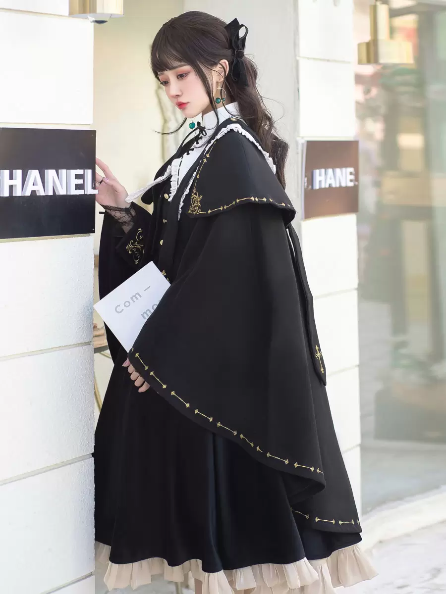Academic Lolita Poncho Cape Black Polyester Grommets Lace Up Fall Lolita Outwears - Image 3