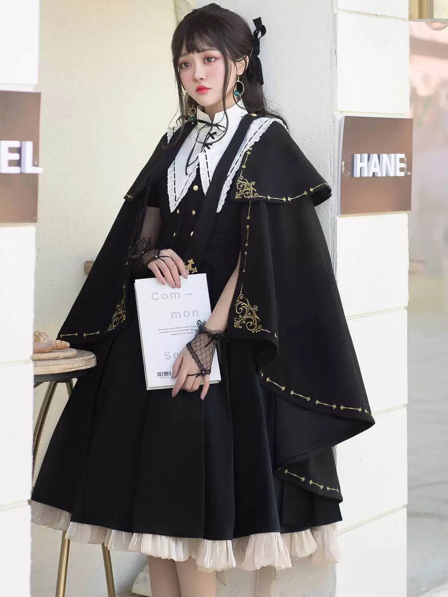 Academic Lolita Poncho Cape Black Polyester Grommets Lace Up Fall Lolita Outwears - Image 2