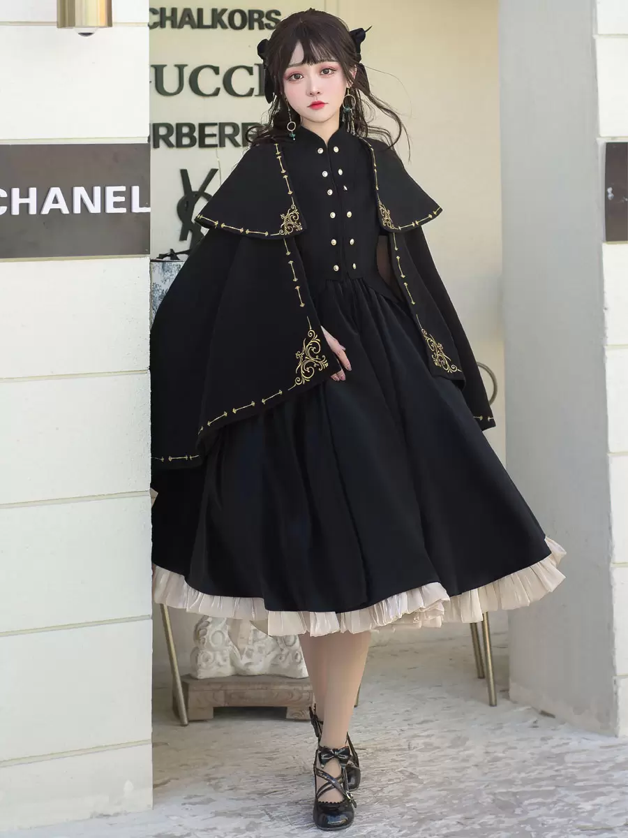 Academic Lolita Poncho Cape Black Polyester Grommets Lace Up Fall Lolita Outwears - Image 4