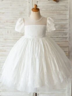 Flower Girl Dresses White Jewel Neck Short Sleeves Beaded Formal Kids Pageant Dresses Free Customization