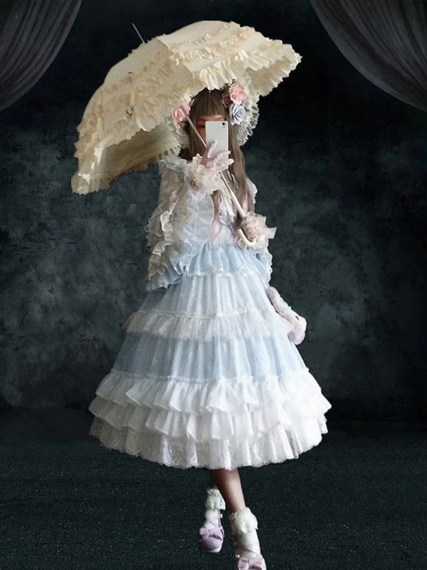 Sweet Lolita OP Dress Retro Lolita Wedding Dress 4-Piece Set Baby Blue Ruffles Long Sleeve Lolita One Piece Dresses Outfit - Image 2
