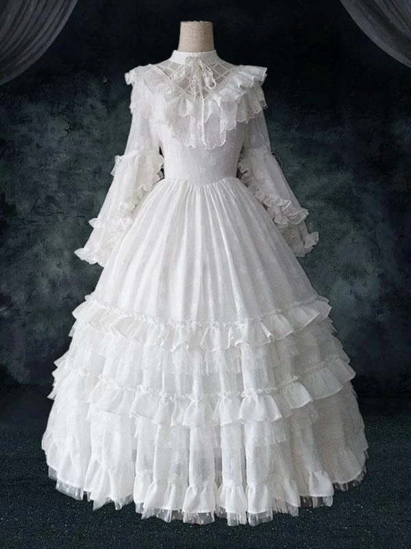 Dark Gothic Lolita OP Dress Palace Wedding Dress 4-Piece Set White Ruffles Long Sleeve Sweet Lolita One Piece Dresses - Image 4