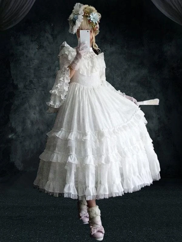 Dark Gothic Lolita OP Dress Palace Wedding Dress 4-Piece Set White Ruffles Long Sleeve Sweet Lolita One Piece Dresses - Image 2