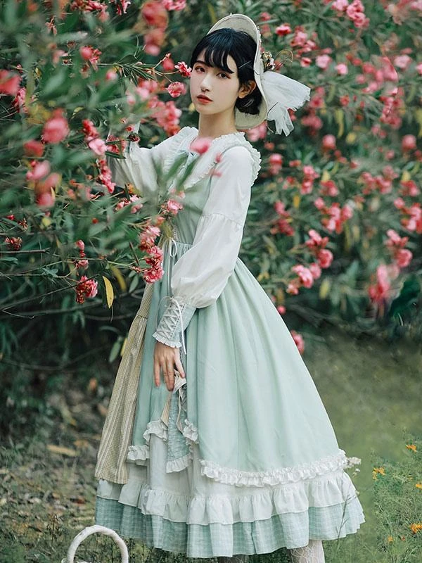 Sweet Lolita OP Dress Green Polyester Long Sleeve Bowknot Ruffle Lolita One Piece Dresses - Image 3
