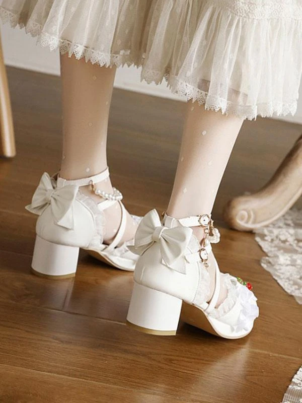 Sweet Lolita Shoes Summer Ankle Strap Strawberry Bows Round Toe PU Leather Chunky Heel Sandals - Image 5