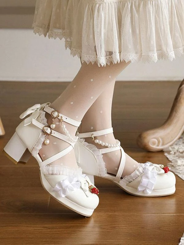 Sweet Lolita Shoes Summer Ankle Strap Strawberry Bows Round Toe PU Leather Chunky Heel Sandals - Image 7