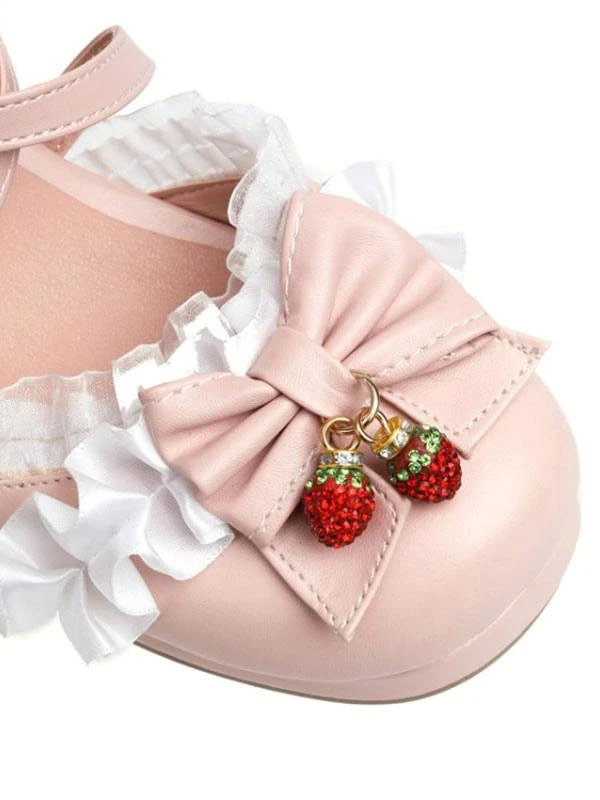 Sweet Lolita Shoes Summer Ankle Strap Strawberry Bows Round Toe PU Leather Chunky Heel Sandals - Image 3