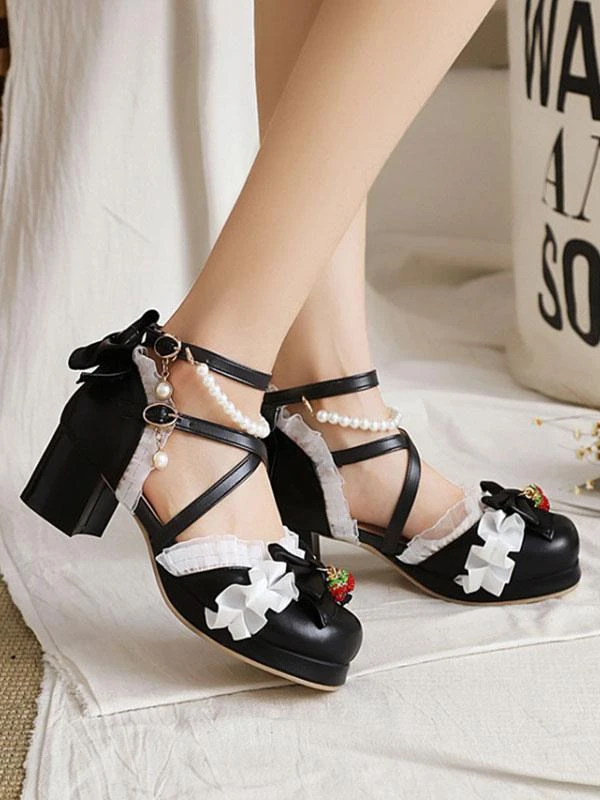Sweet Lolita Shoes Summer Ankle Strap Strawberry Bows Round Toe PU Leather Chunky Heel Sandals - Image 9