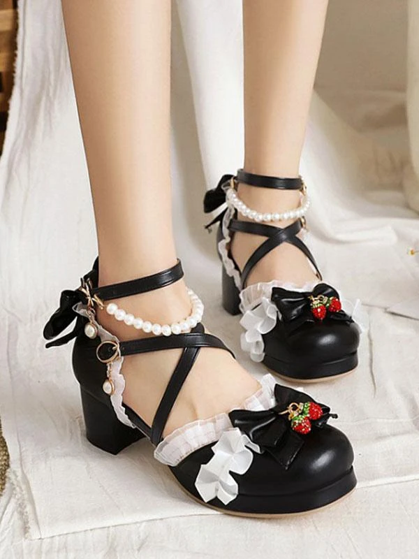 Sweet Lolita Shoes Summer Ankle Strap Strawberry Bows Round Toe PU Leather Chunky Heel Sandals - Image 8
