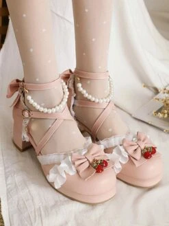 Sweet Lolita Shoes Summer Ankle Strap Strawberry Bows Round Toe PU Leather Chunky Heel Sandals