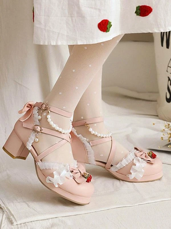 Sweet Lolita Shoes Summer Ankle Strap Strawberry Bows Round Toe PU Leather Chunky Heel Sandals - Image 2