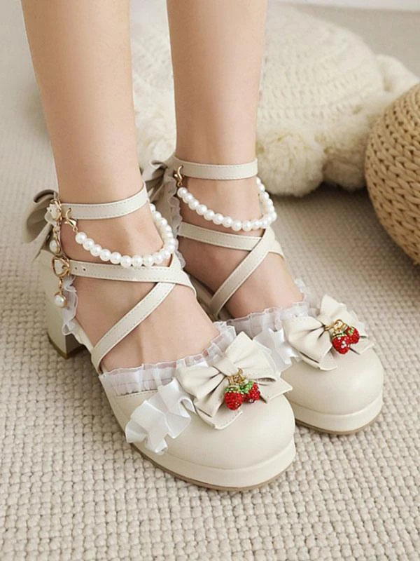 Sweet Lolita Shoes Summer Ankle Strap Strawberry Bows Round Toe PU Leather Chunky Heel Sandals - Image 4