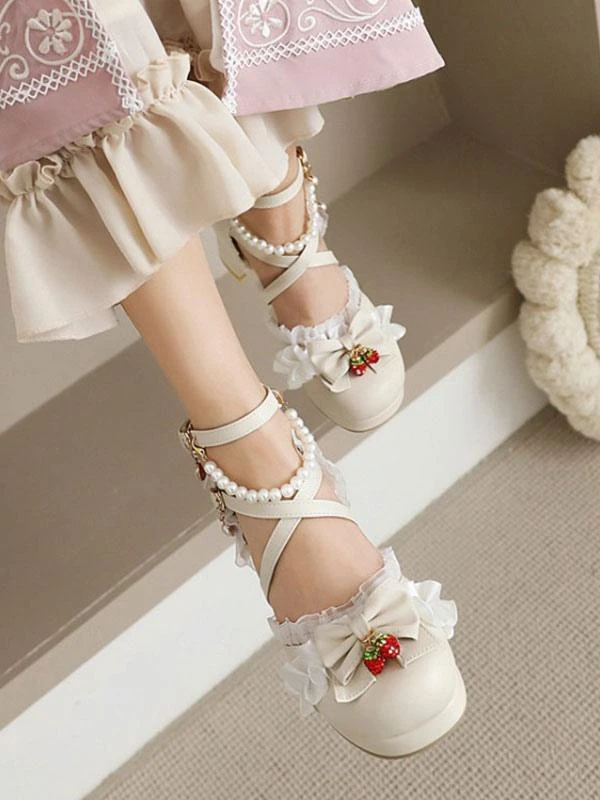 Sweet Lolita Shoes Summer Ankle Strap Strawberry Bows Round Toe PU Leather Chunky Heel Sandals - Image 6