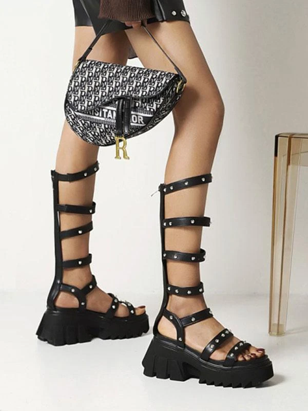 Women's Flatform Sandals Black Rivets PU Leather Gladiator Sandals - Image 4