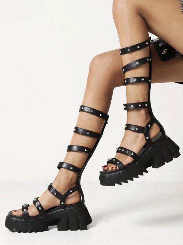 Women's Flatform Sandals Black Rivets PU Leather Gladiator Sandals